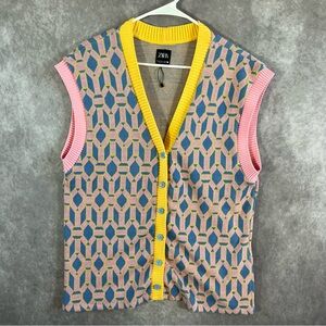 🔺SOLD🔺 Zara Contrast Jacquard Vest Geometric Size Medium Multicolor Button NWOT